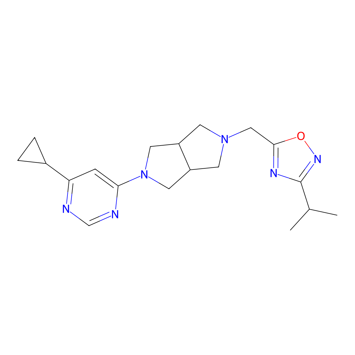 4-Cyclopropyl-6-(5-{[3-(propan-2-yl)-1,2,4-oxadiazol-5-yl]methyl}-octahydropyrrolo[3,4-c]pyrrol-2-yl)pyrimidine molecular structure, CAS 2199390-57-1