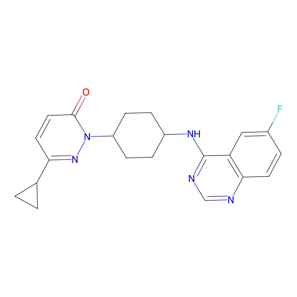 6-Cyclopropyl-2-{4-[(6-fluoroquinazolin-4-yl)amino]cyclohexyl}-2,3-dihydropyridazin-3-one molecular structure, CAS 2199421-93-5