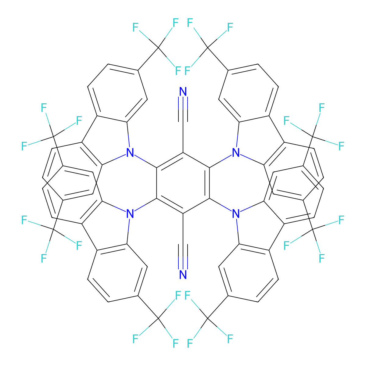 2,3,5,6-Tetrakis(2,7-bis(trifluoromethyl)-9H-carbazol-9-YL)terephthalonitrile molecular structure, CAS 2199427-73-9