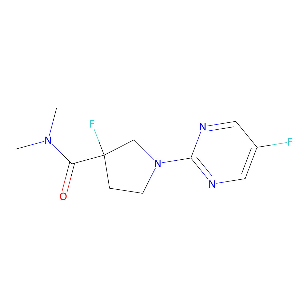 3-fluoro-1-(5-fluoropyrimidin-2-yl)-N,N-dimethylpyrrolidine-3-carboxamide molecular structure, CAS 2199474-22-9