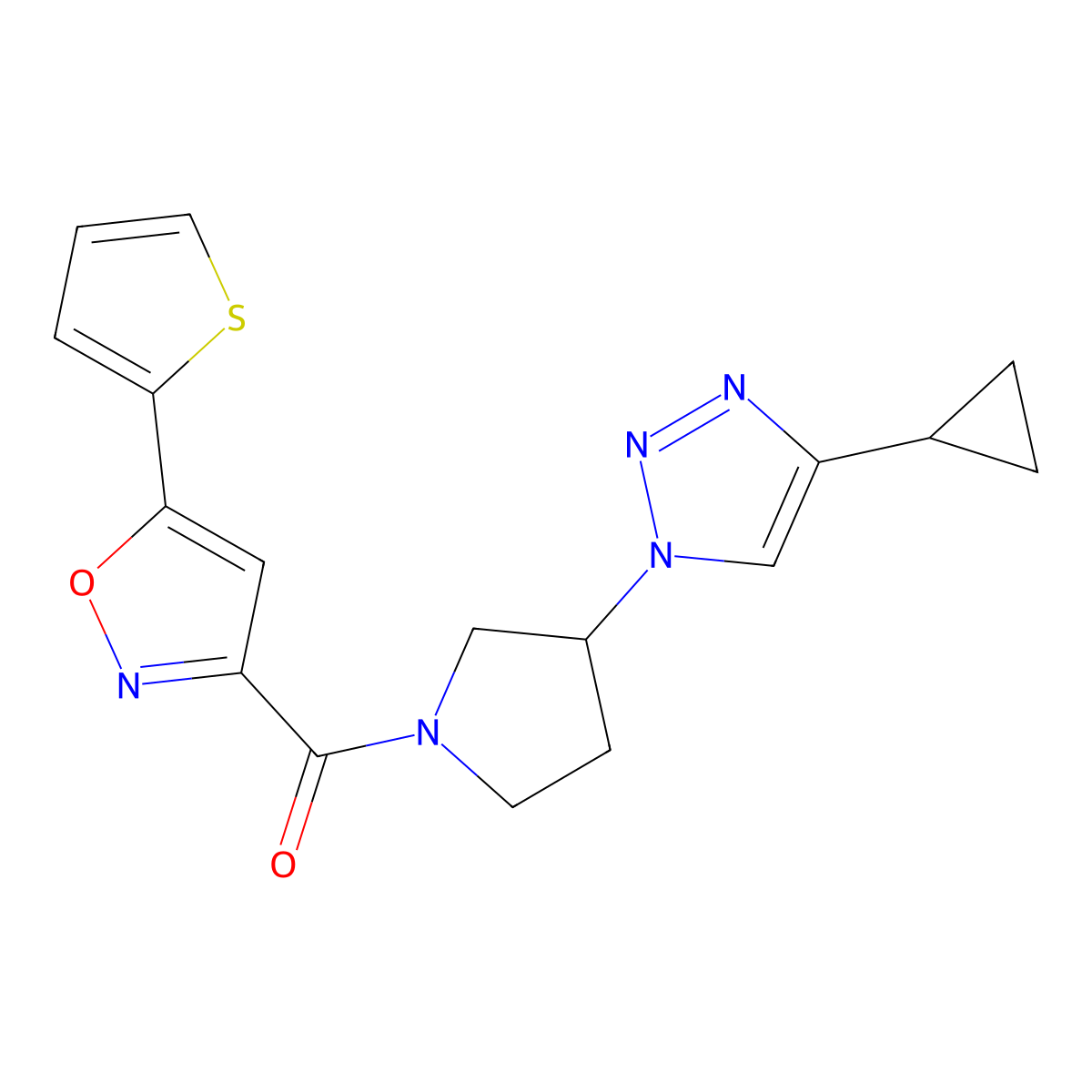 (3-(4-cyclopropyl-1H-1,2,3-triazol-1-yl)pyrrolidin-1-yl)(5-(thiophen-2-yl)isoxazol-3-yl)methanone molecular structure, CAS 2199477-52-4