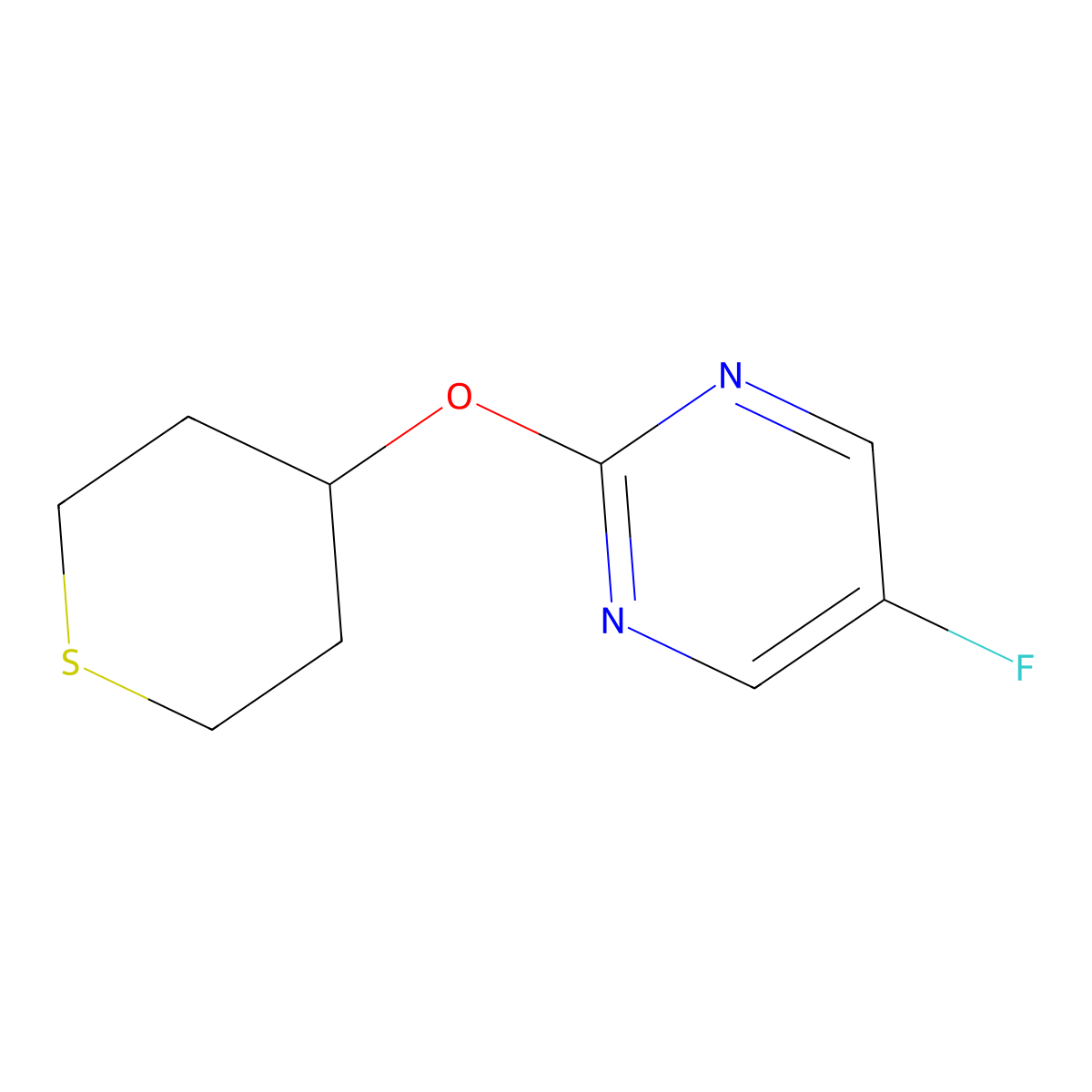 5-Fluoro-2-(thian-4-yloxy)pyrimidine molecular structure, CAS 2199507-65-6