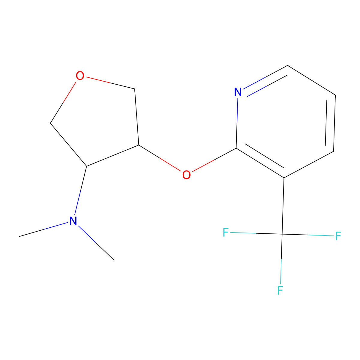 N,N-dimethyl-4-{[3-(trifluoromethyl)pyridin-2-yl]oxy}oxolan-3-amine molecular structure, CAS 2199509-43-6