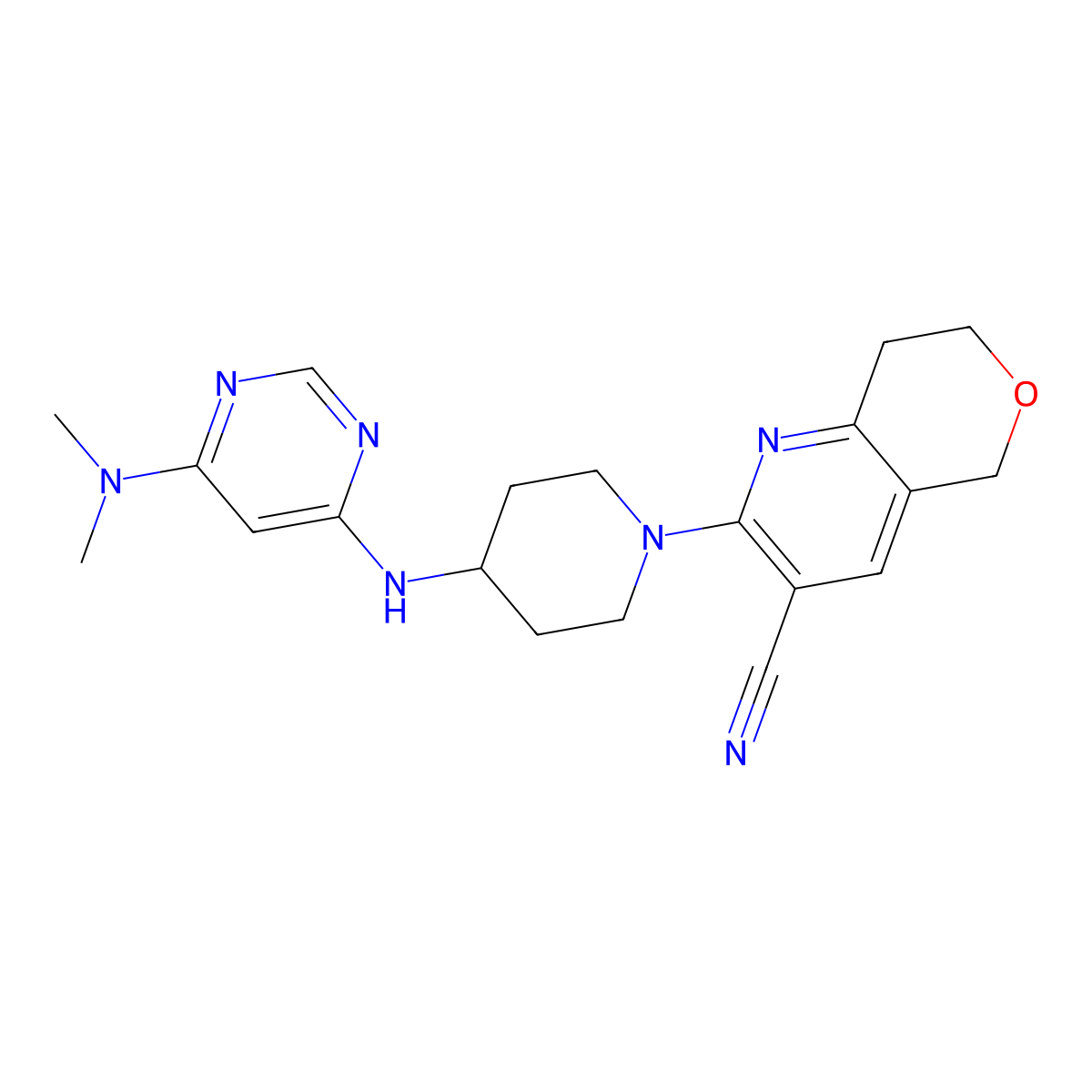 2-(4-{[6-(dimethylamino)pyrimidin-4-yl]amino}piperidin-1-yl)-5H,7H,8H-pyrano[4,3-b]pyridine-3-carbonitrile molecular structure, CAS 2199518-59-5