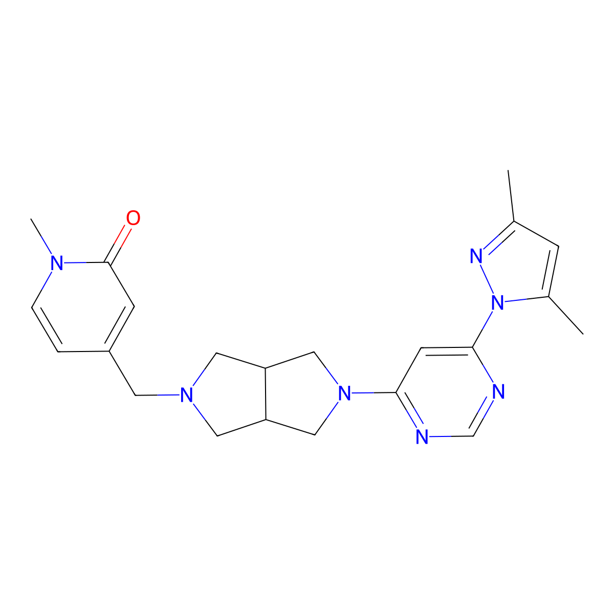 4-({5-[6-(3,5-dimethyl-1H-pyrazol-1-yl)pyrimidin-4-yl]-octahydropyrrolo[3,4-c]pyrrol-2-yl}methyl)-1-methyl-1,2-dihydropyridin-2-one molecular structure, CAS 2199519-93-0