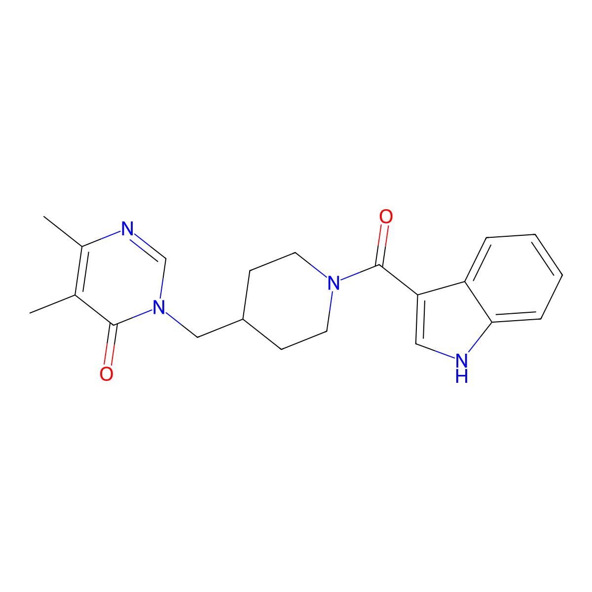 3-{[1-(1H-indole-3-carbonyl)piperidin-4-yl]methyl}-5,6-dimethyl-3,4-dihydropyrimidin-4-one molecular structure, CAS 2199520-20-0