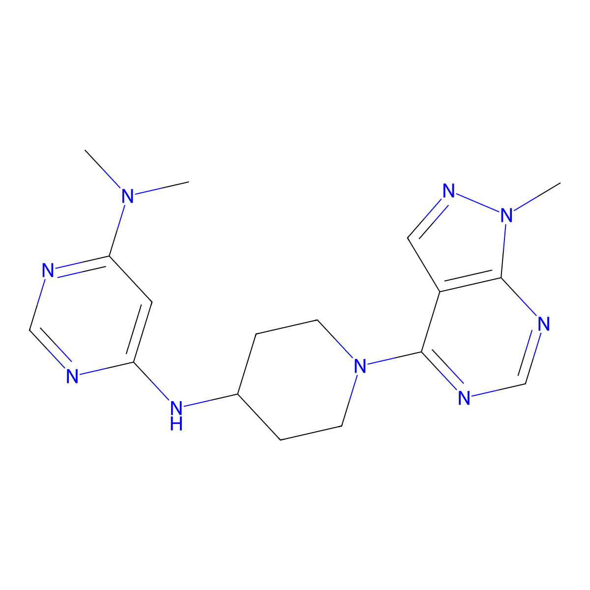N4,N4-dimethyl-N6-(1-{1-methyl-1H-pyrazolo[3,4-d]pyrimidin-4-yl}piperidin-4-yl)pyrimidine-4,6-diamine molecular structure, CAS 2199551-79-4