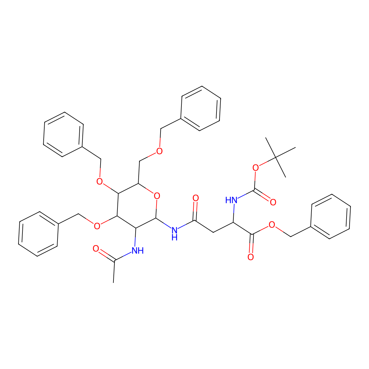 Nomega-(2-Acetamido-3,4,6-tri-O-benzyl-2-deoxy-beta-D-glucopyranosyl)-Nalpha-(tert-butoxycarbonyl)-L-asparagine Benzyl Ester molecular structure, CAS 219968-28-2