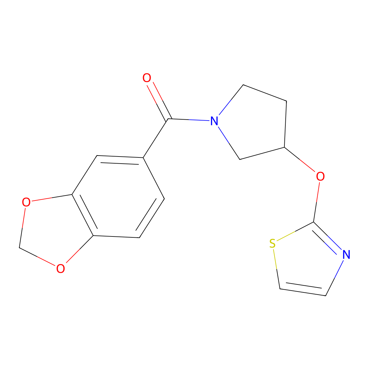 Benzo[d][1,3]dioxol-5-yl(3-(thiazol-2-yloxy)pyrrolidin-1-yl)methanone molecular structure, CAS 2199710-19-3