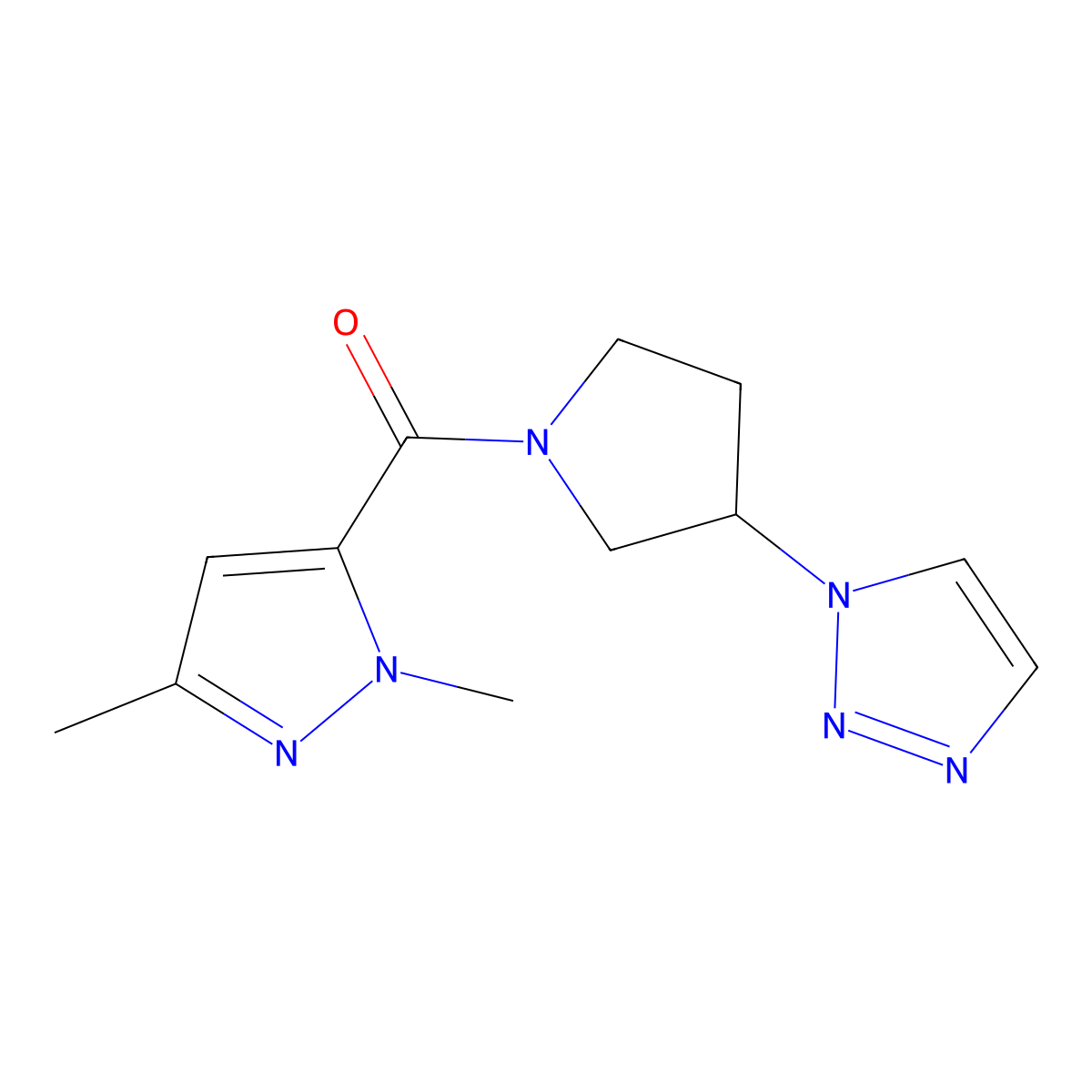 (3-(1H-1,2,3-triazol-1-yl)pyrrolidin-1-yl)(1,3-dimethyl-1H-pyrazol-5-yl)methanone molecular structure, CAS 2199755-16-1