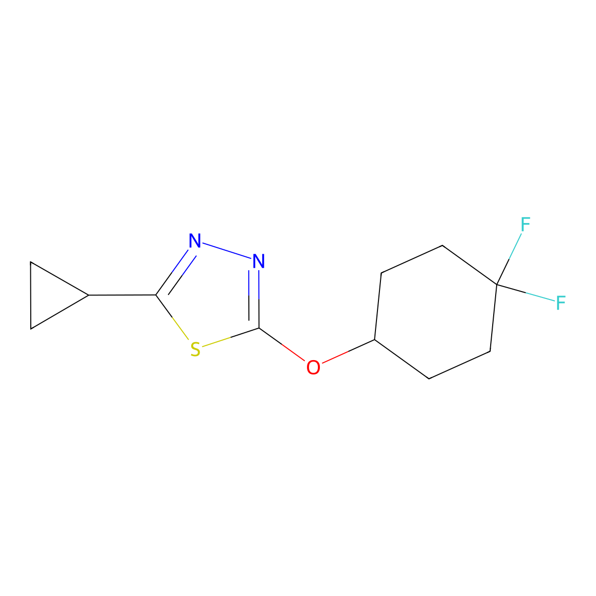 2-Cyclopropyl-5-[(4,4-difluorocyclohexyl)oxy]-1,3,4-thiadiazole molecular structure, CAS 2199764-17-3