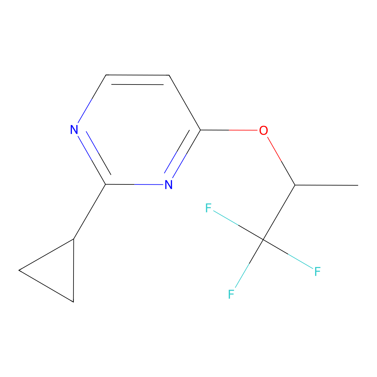 2-Cyclopropyl-4-[(1,1,1-trifluoropropan-2-yl)oxy]pyrimidine molecular structure, CAS 2199764-74-2