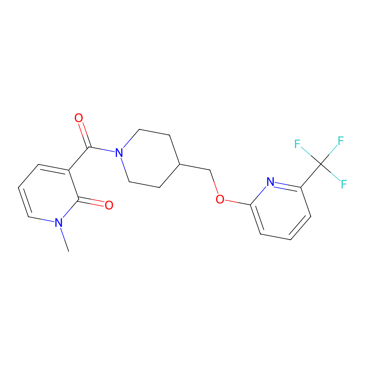 1-Methyl-3-[4-({[6-(trifluoromethyl)pyridin-2-yl]oxy}methyl)piperidine-1-carbonyl]-1,2-dihydropyridin-2-one molecular structure, CAS 2199787-46-5
