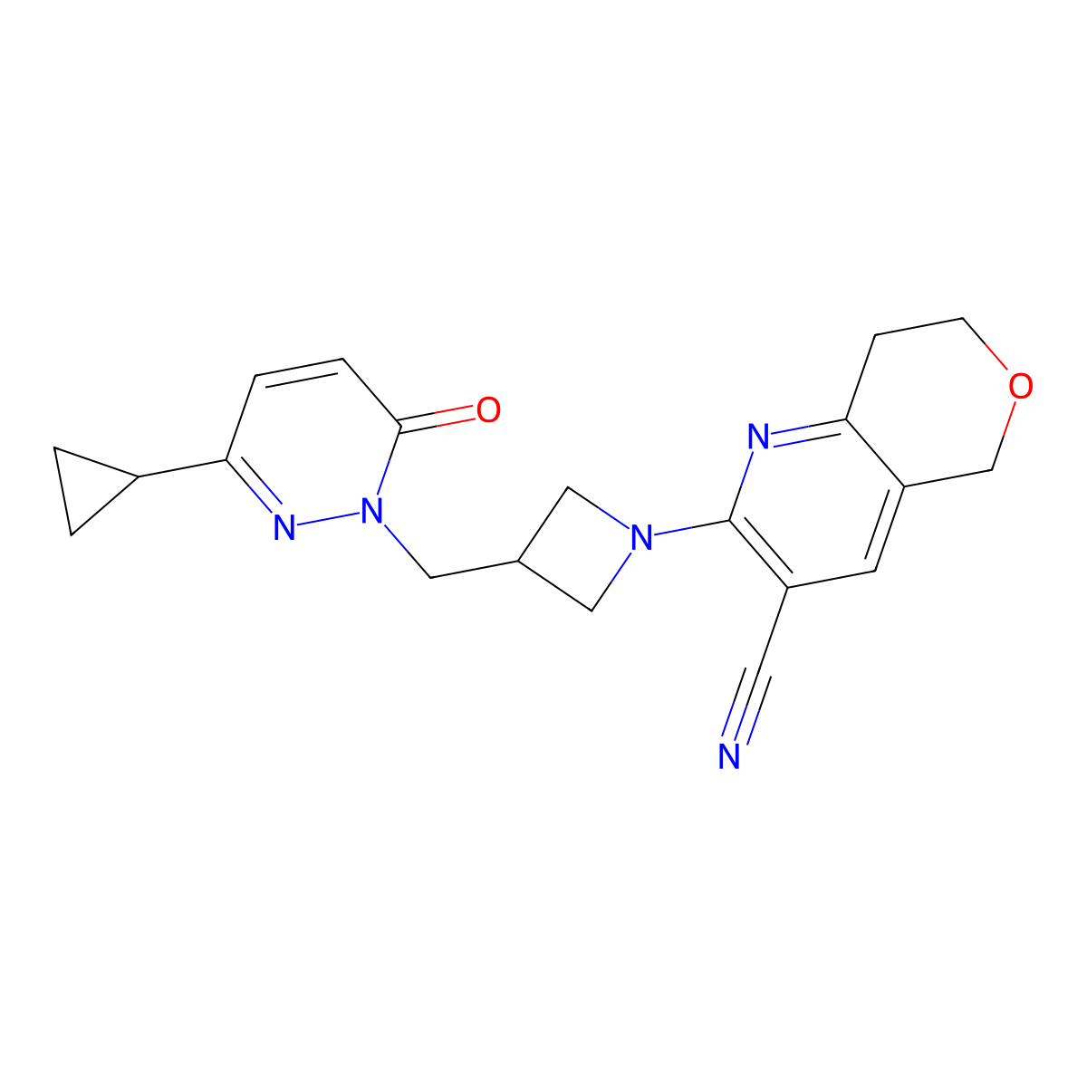 2-{3-[(3-cyclopropyl-6-oxo-1,6-dihydropyridazin-1-yl)methyl]azetidin-1-yl}-5H,7H,8H-pyrano[4,3-b]pyridine-3-carbonitrile molecular structure, CAS 2199814-03-2