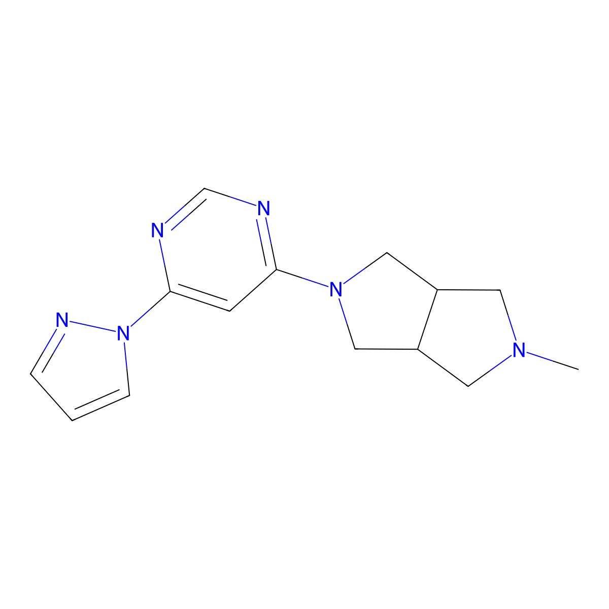 4-{5-methyl-octahydropyrrolo[3,4-c]pyrrol-2-yl}-6-(1H-pyrazol-1-yl)pyrimidine molecular structure, CAS 2199835-55-5