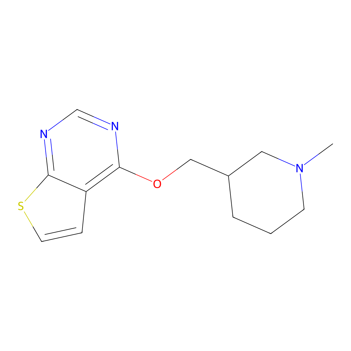 1-Methyl-3-({thieno[2,3-d]pyrimidin-4-yloxy}methyl)piperidine molecular structure, CAS 2199869-36-6