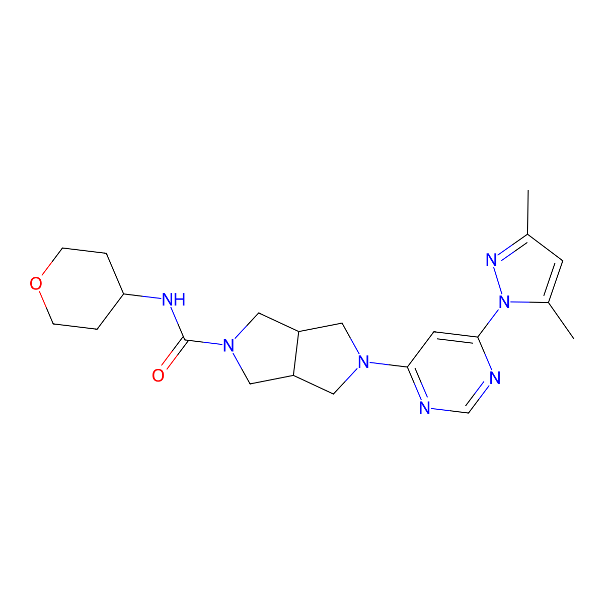 5-[6-(3,5-dimethyl-1H-pyrazol-1-yl)pyrimidin-4-yl]-N-(oxan-4-yl)-octahydropyrrolo[3,4-c]pyrrole-2-carboxamide molecular structure, CAS 2199906-32-4