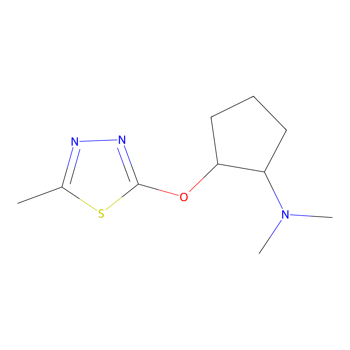N,N-dimethyl-2-[(5-methyl-1,3,4-thiadiazol-2-yl)oxy]cyclopentan-1-amine molecular structure, CAS 2199971-12-3
