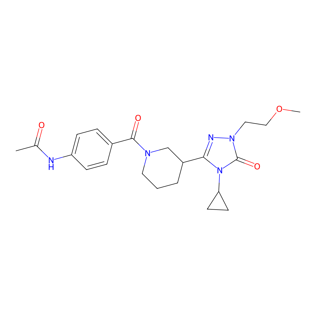 N-(4-{3-[4-cyclopropyl-1-(2-methoxyethyl)-5-oxo-4,5-dihydro-1H-1,2,4-triazol-3-yl]piperidine-1-carbonyl}phenyl)acetamide molecular structure, CAS 2199979-11-6