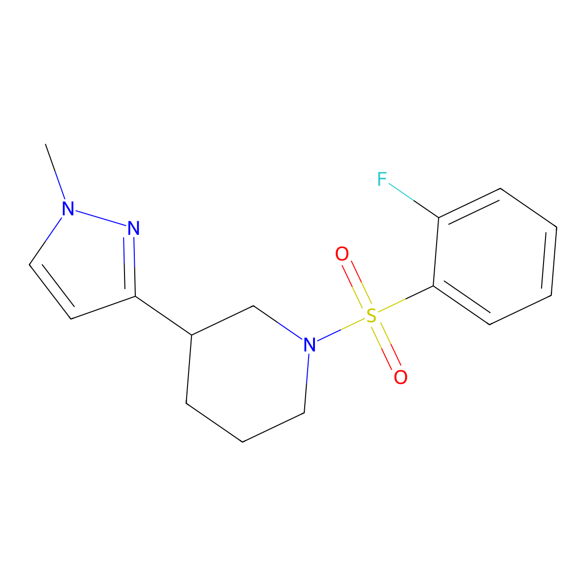 1-((2-fluorophenyl)sulfonyl)-3-(1-methyl-1H-pyrazol-3-yl)piperidine molecular structure, CAS 2200141-16-6
