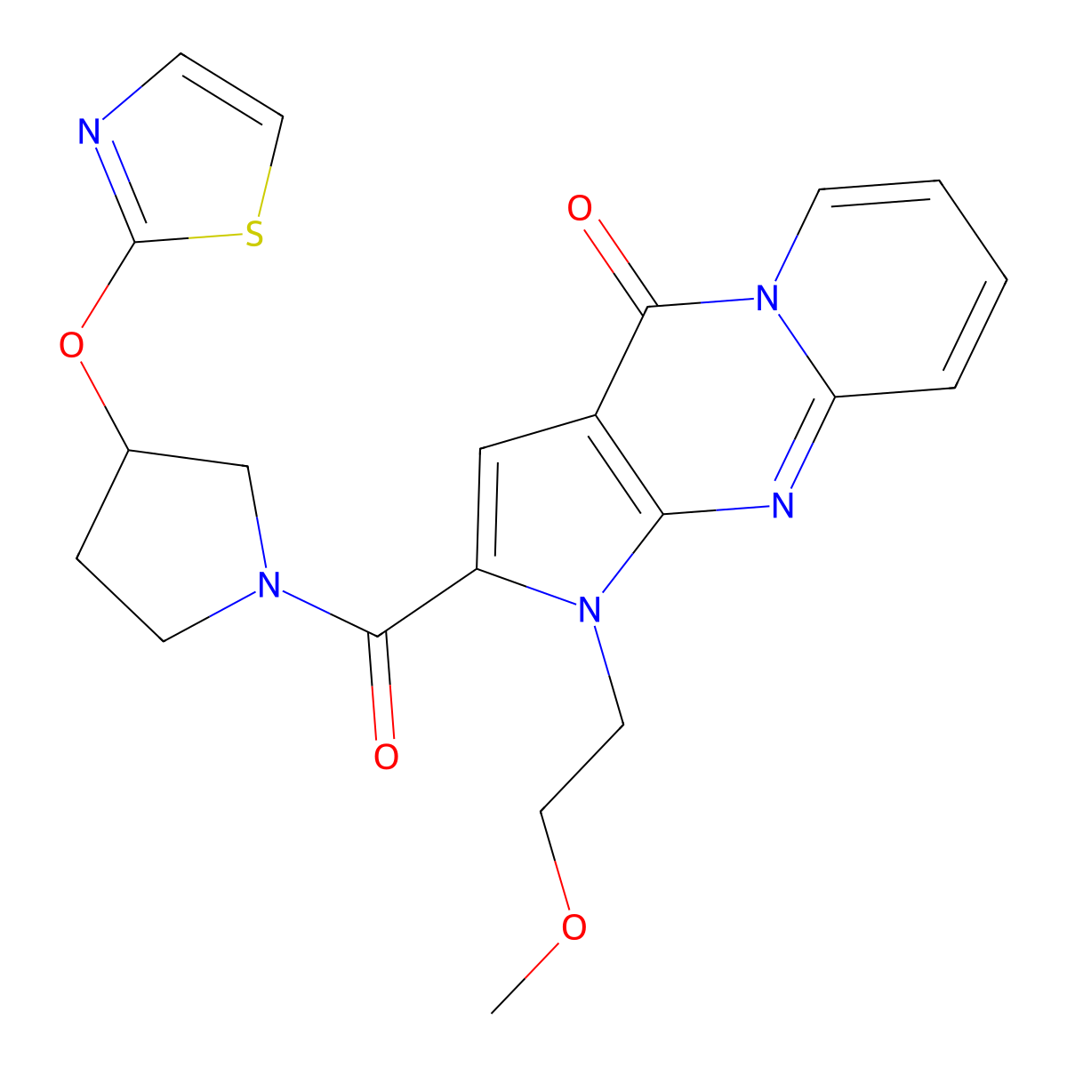 6-(2-Methoxyethyl)-5-[3-(1,3-thiazol-2-yloxy)pyrrolidine-1-carbonyl]-1,6,8-triazatricyclo[7.4.0.0^{3,7}]trideca-3(7),4,8,10,12-pentaen-2-one molecular structure, CAS 2200187-52-4