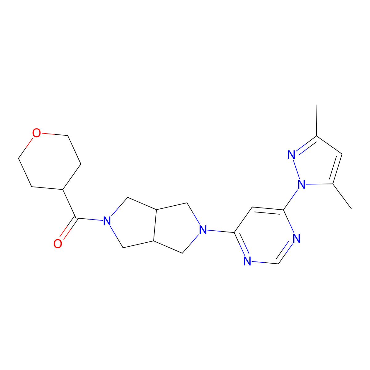 4-(3,5-dimethyl-1H-pyrazol-1-yl)-6-[5-(oxane-4-carbonyl)-octahydropyrrolo[3,4-c]pyrrol-2-yl]pyrimidine molecular structure, CAS 2200316-79-4