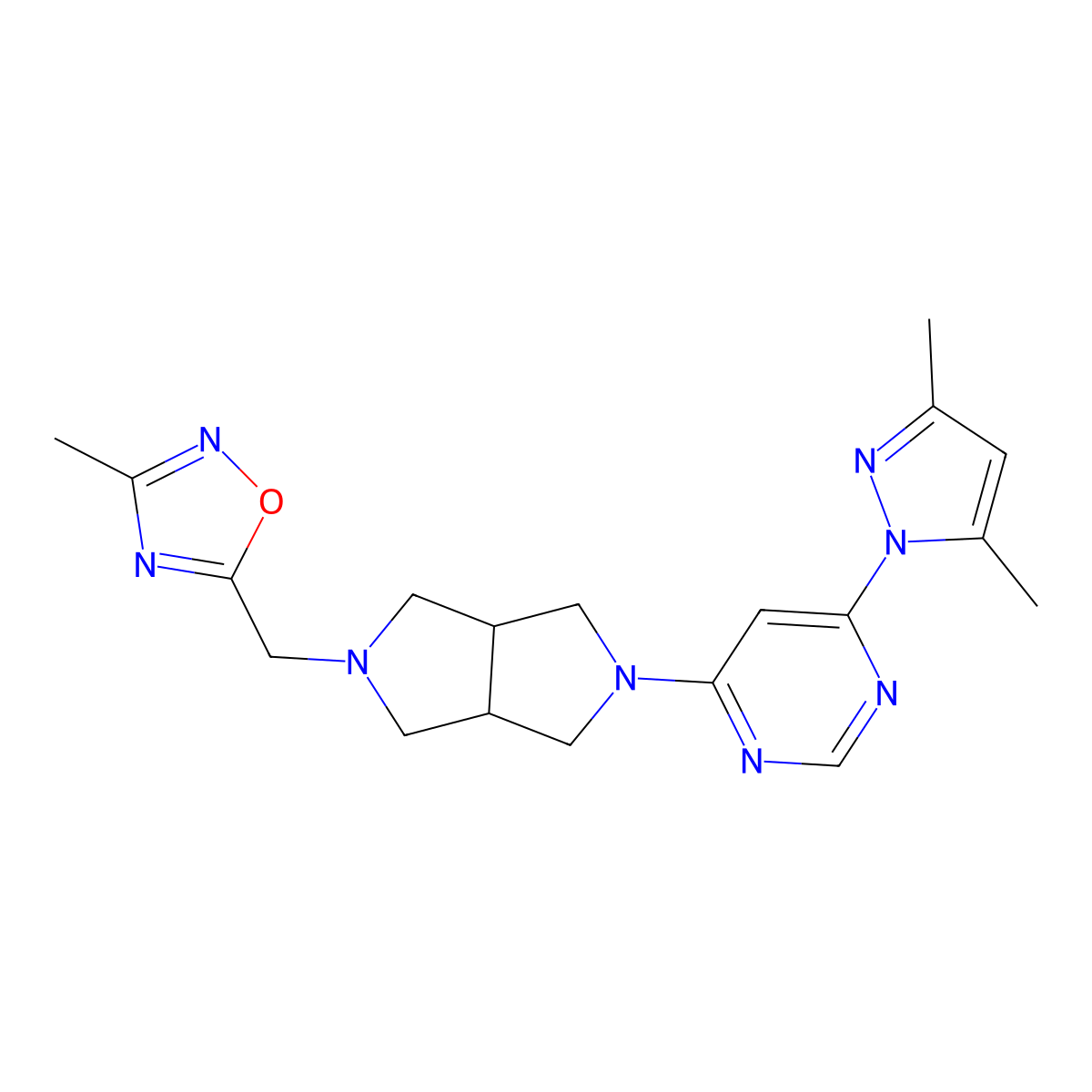 4-(3,5-dimethyl-1H-pyrazol-1-yl)-6-{5-[(3-methyl-1,2,4-oxadiazol-5-yl)methyl]-octahydropyrrolo[3,4-c]pyrrol-2-yl}pyrimidine molecular structure, CAS 2200319-92-0