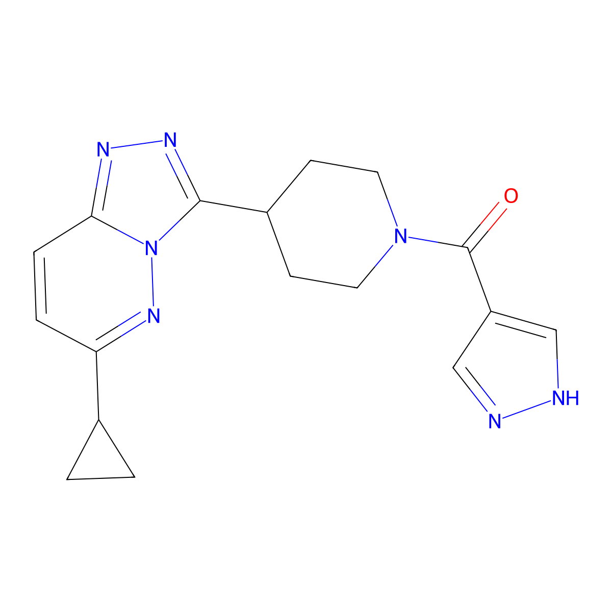 4-{6-cyclopropyl-[1,2,4]triazolo[4,3-b]pyridazin-3-yl}-1-(1H-pyrazole-4-carbonyl)piperidine molecular structure, CAS 2200320-72-3