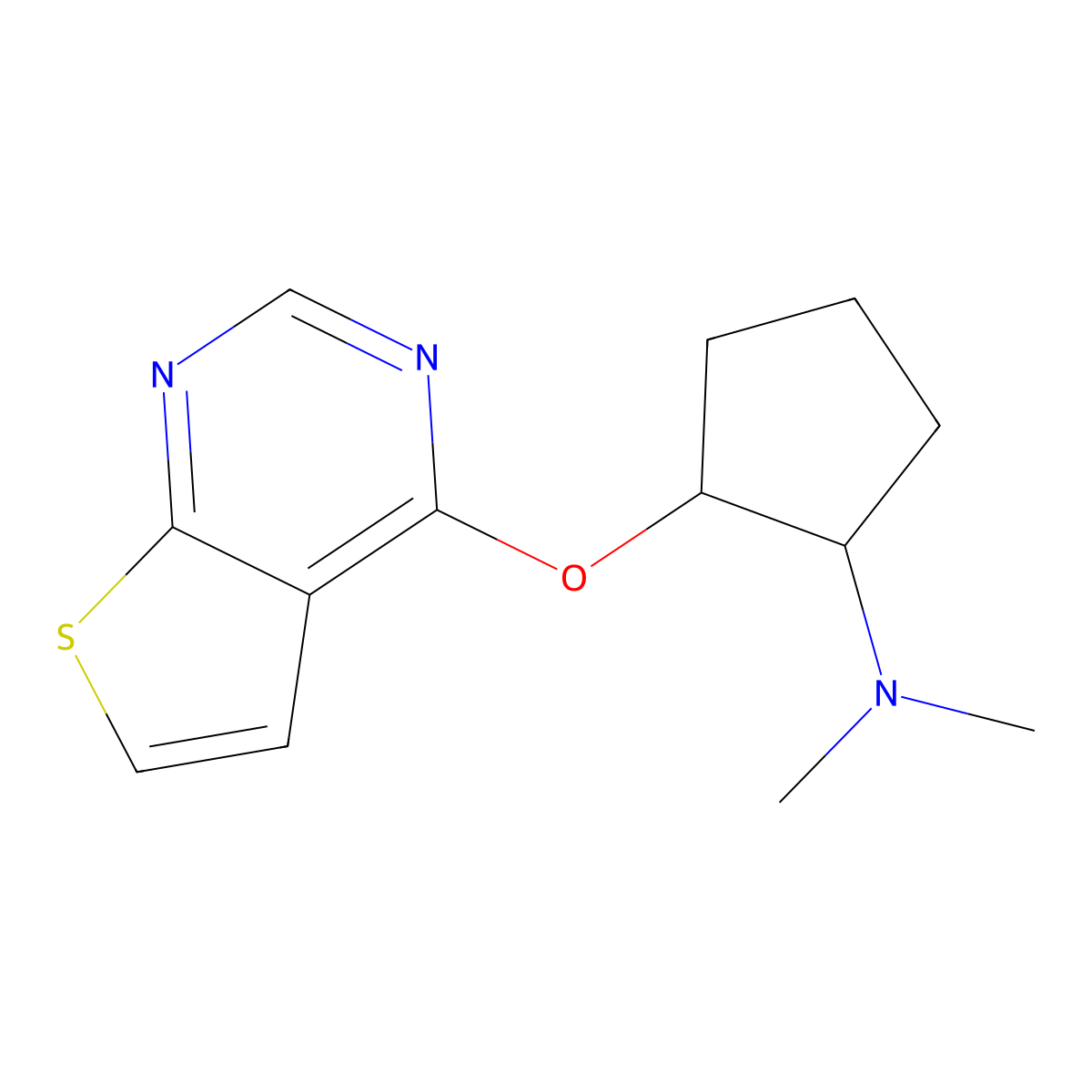 N,N-dimethyl-2-{thieno[2,3-d]pyrimidin-4-yloxy}cyclopentan-1-amine molecular structure, CAS 2200393-87-7