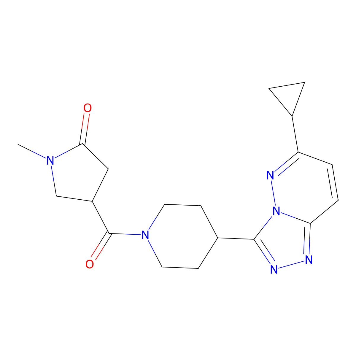 4-(4-{6-Cyclopropyl-[1,2,4]triazolo[4,3-b]pyridazin-3-yl}piperidine-1-carbonyl)-1-methylpyrrolidin-2-one molecular structure, CAS 2200398-20-3