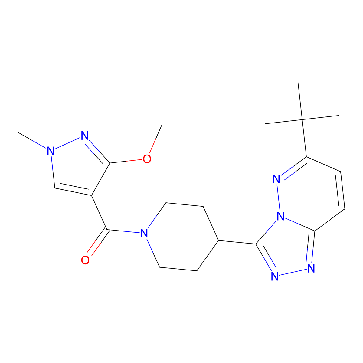4-{6-tert-butyl-[1,2,4]triazolo[4,3-b]pyridazin-3-yl}-1-(3-methoxy-1-methyl-1H-pyrazole-4-carbonyl)piperidine molecular structure, CAS 2200399-47-7