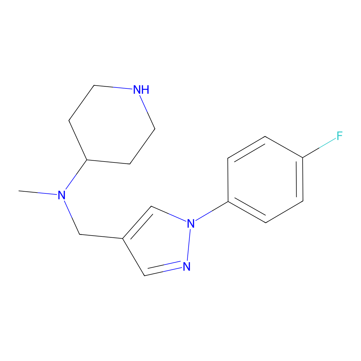 N-((1-(4-Fluorophenyl)-1H-pyrazol-4-yl)methyl)-N-methylpiperidin-4-amine molecular structure, CAS 2200460-06-4