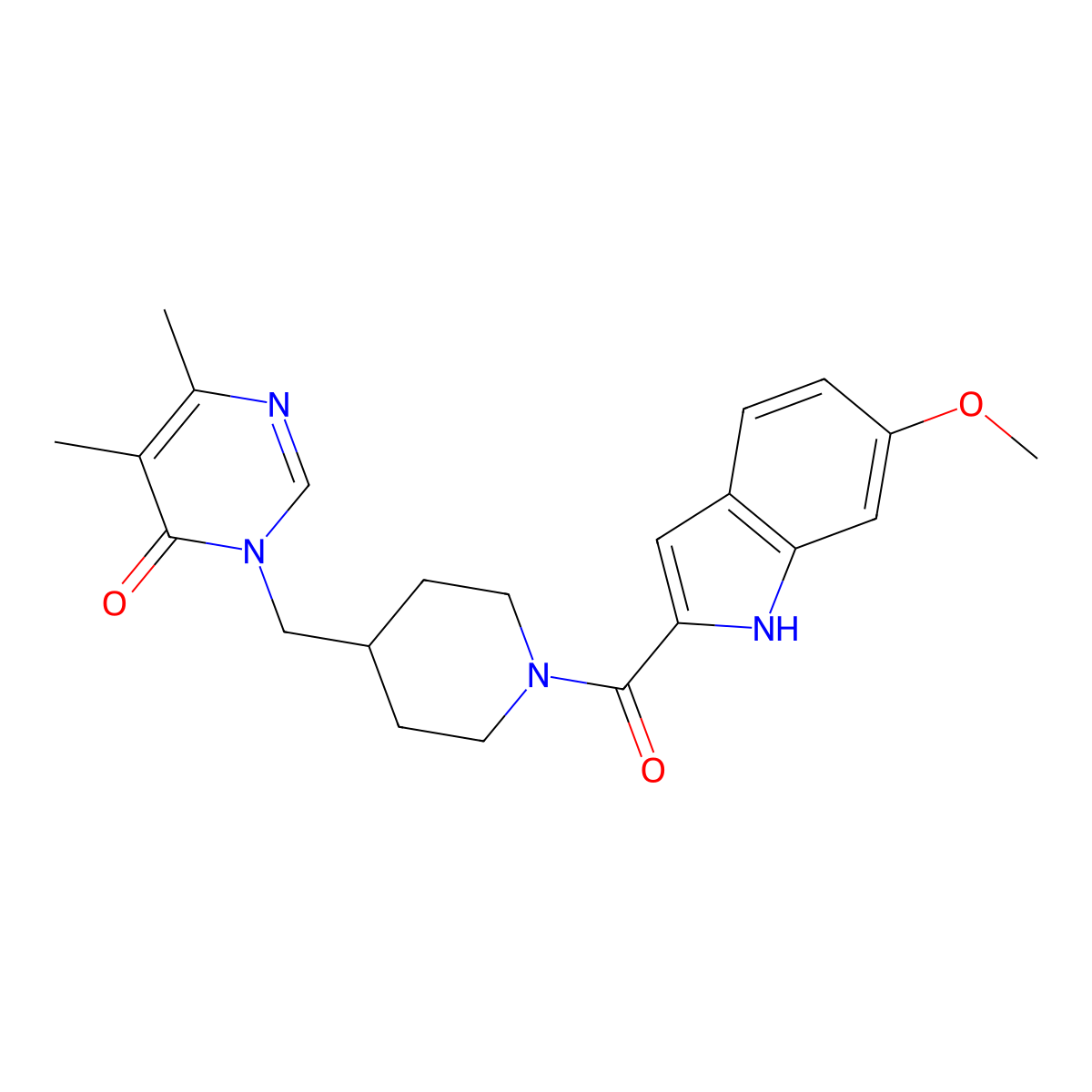 3-{[1-(6-methoxy-1H-indole-2-carbonyl)piperidin-4-yl]methyl}-5,6-dimethyl-3,4-dihydropyrimidin-4-one molecular structure, CAS 2200468-14-8