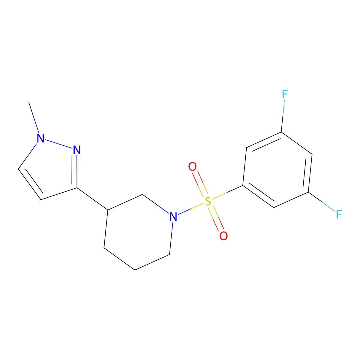 1-((3,5-difluorophenyl)sulfonyl)-3-(1-methyl-1H-pyrazol-3-yl)piperidine molecular structure, CAS 2200472-58-6