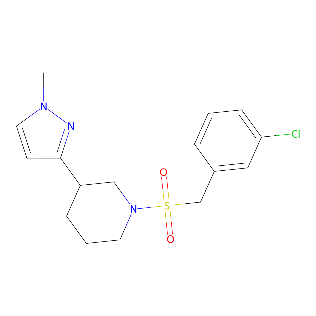 1-((3-chlorobenzyl)sulfonyl)-3-(1-methyl-1H-pyrazol-3-yl)piperidine molecular structure, CAS 2200623-96-5