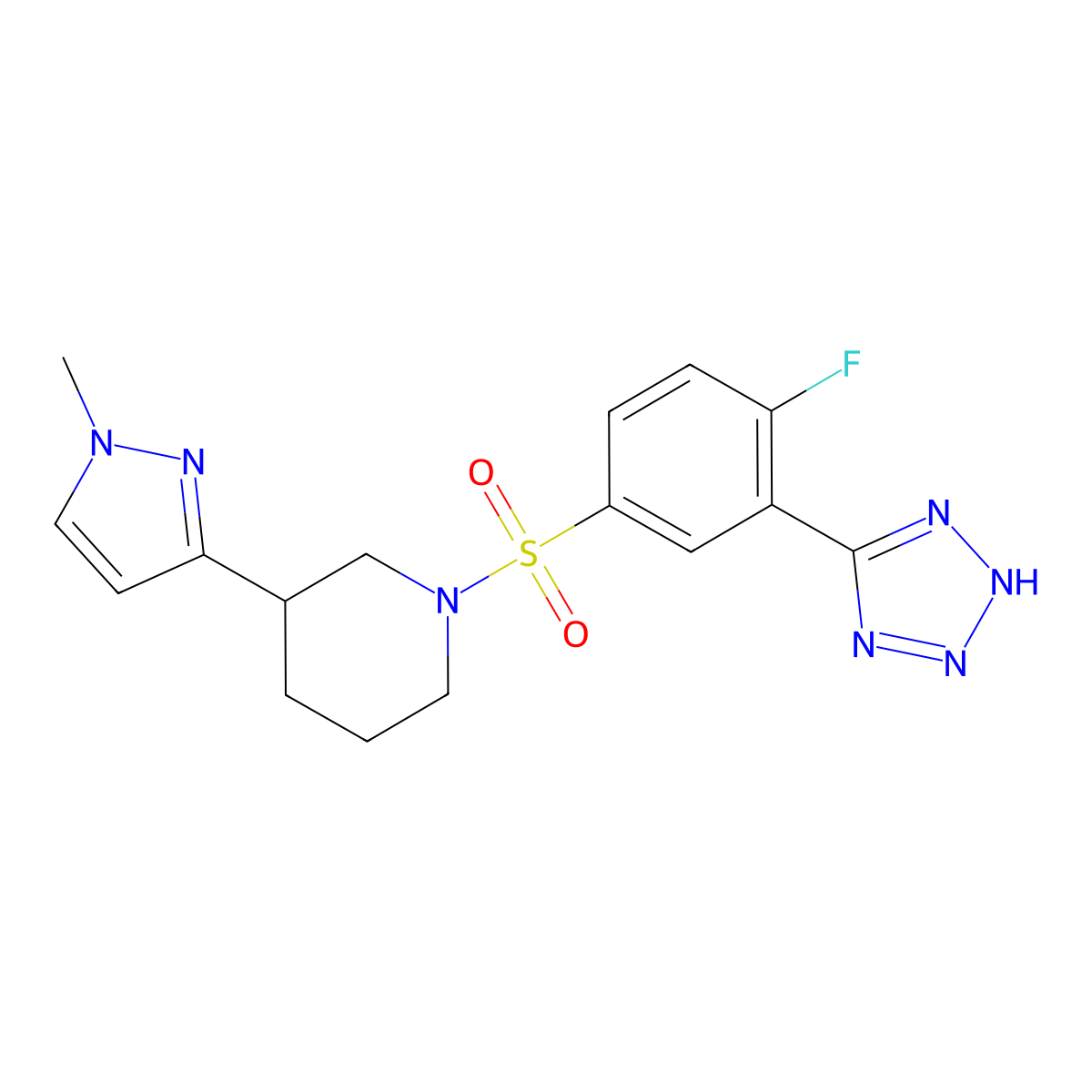 1-((4-fluoro-3-(1H-tetrazol-5-yl)phenyl)sulfonyl)-3-(1-methyl-1H-pyrazol-3-yl)piperidine molecular structure, CAS 2200625-46-1
