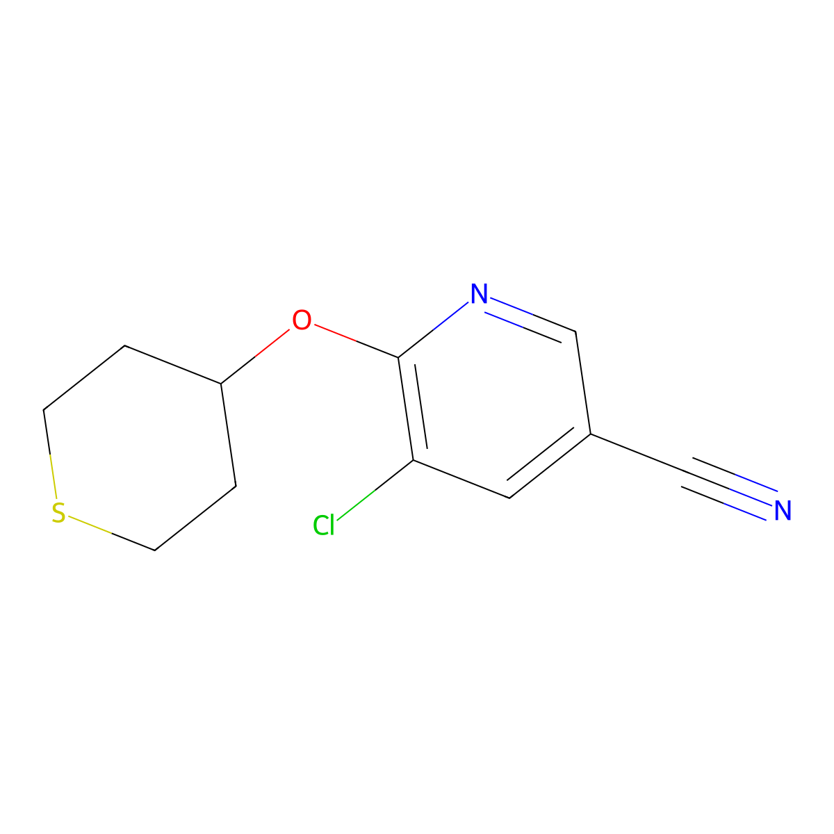 5-Chloro-6-(thian-4-yloxy)pyridine-3-carbonitrile molecular structure, CAS 2200689-80-9