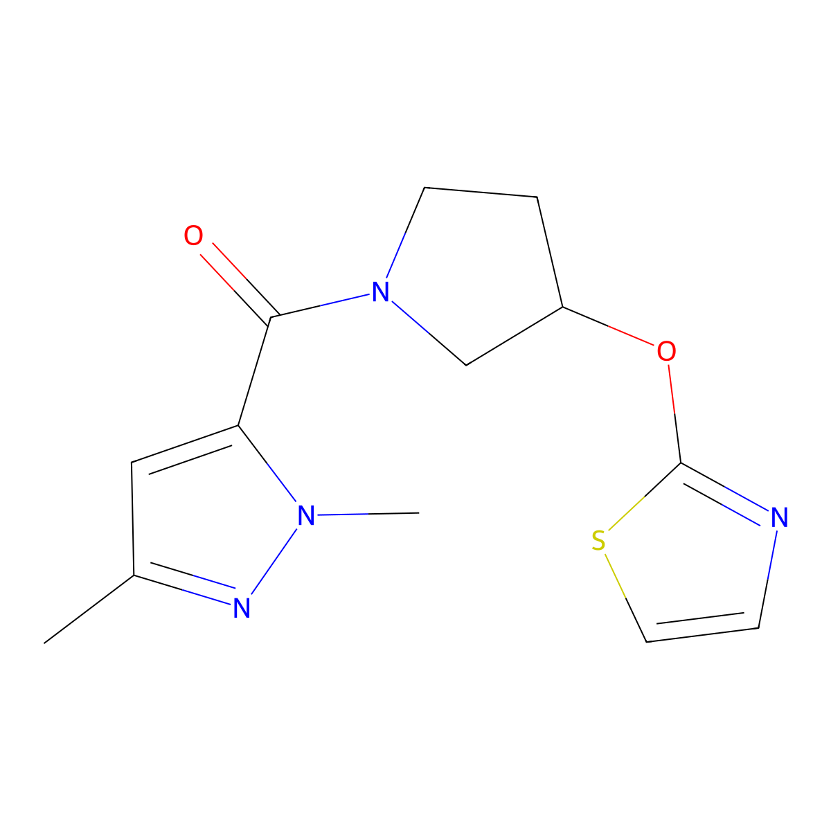 2-{[1-(1,3-dimethyl-1H-pyrazole-5-carbonyl)pyrrolidin-3-yl]oxy}-1,3-thiazole molecular structure, CAS 2200699-25-6