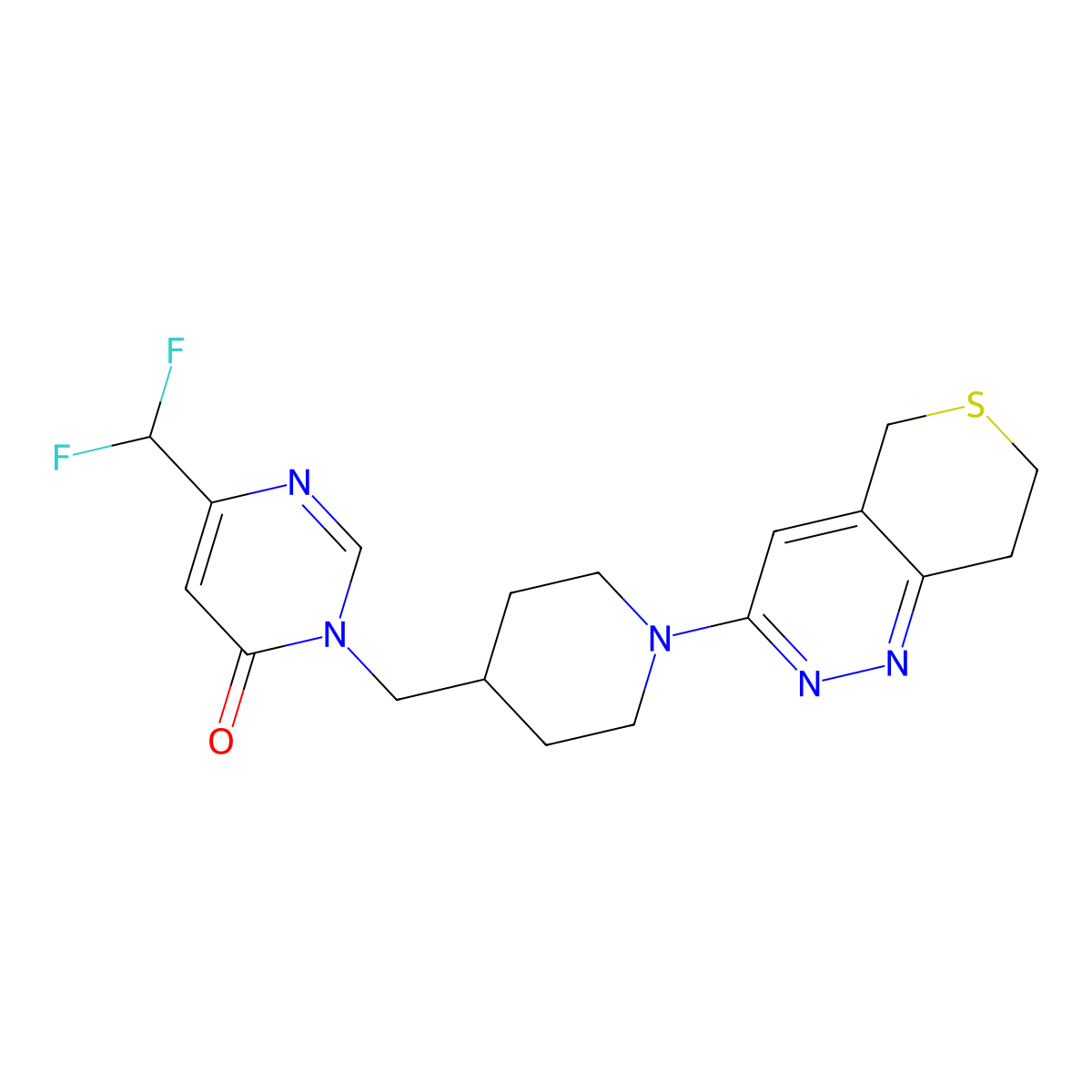 6-(difluoromethyl)-3-[(1-{5H,7H,8H-thiopyrano[4,3-c]pyridazin-3-yl}piperidin-4-yl)methyl]-3,4-dihydropyrimidin-4-one molecular structure, CAS 2200768-90-5