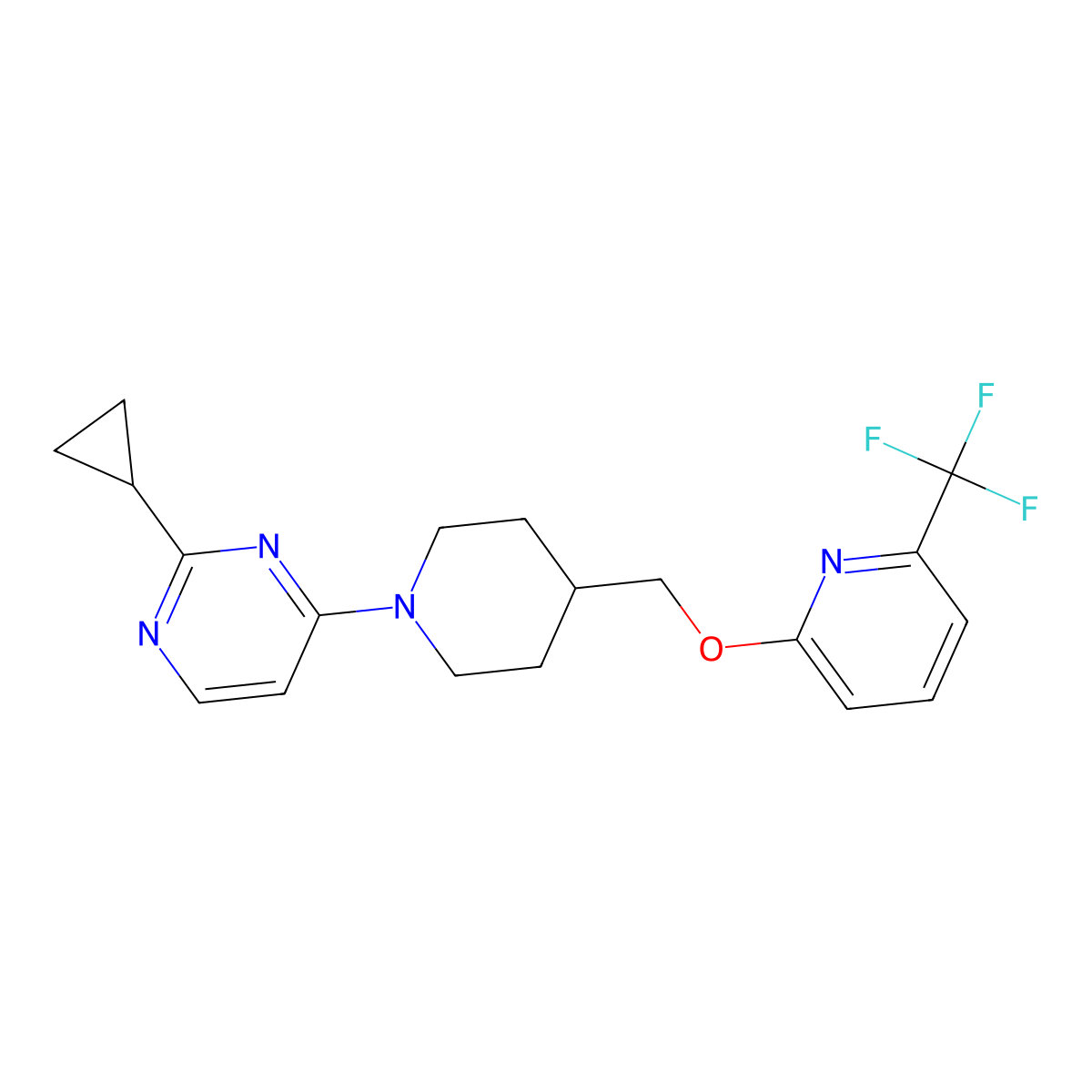 2-Cyclopropyl-4-[4-({[6-(trifluoromethyl)pyridin-2-yl]oxy}methyl)piperidin-1-yl]pyrimidine molecular structure, CAS 2200785-83-5