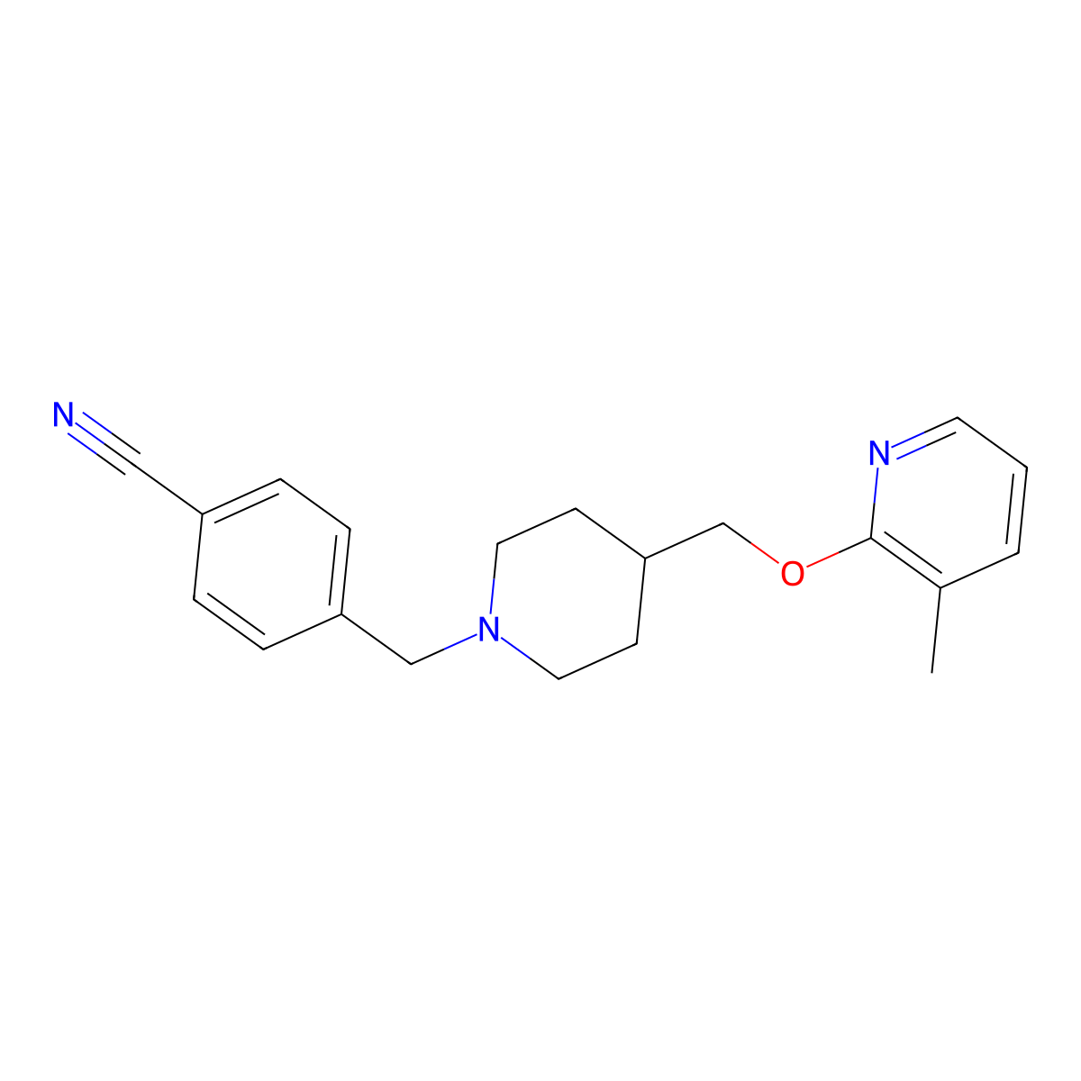 4-[(4-{[(3-Methylpyridin-2-yl)oxy]methyl}piperidin-1-yl)methyl]benzonitrile molecular structure, CAS 2200806-88-6