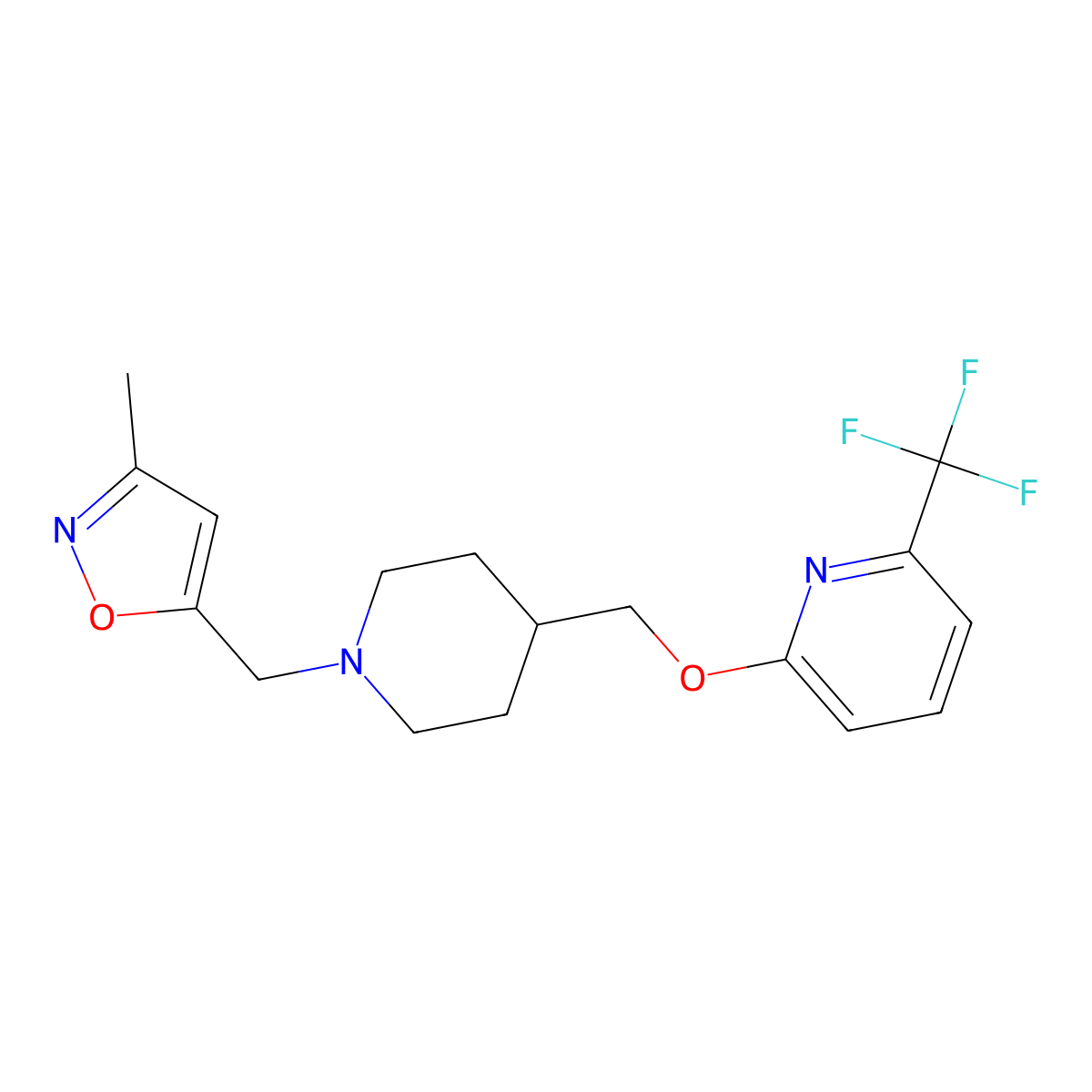 2-({1-[(3-Methyl-1,2-oxazol-5-yl)methyl]piperidin-4-yl}methoxy)-6-(trifluoromethyl)pyridine molecular structure, CAS 2200853-78-5