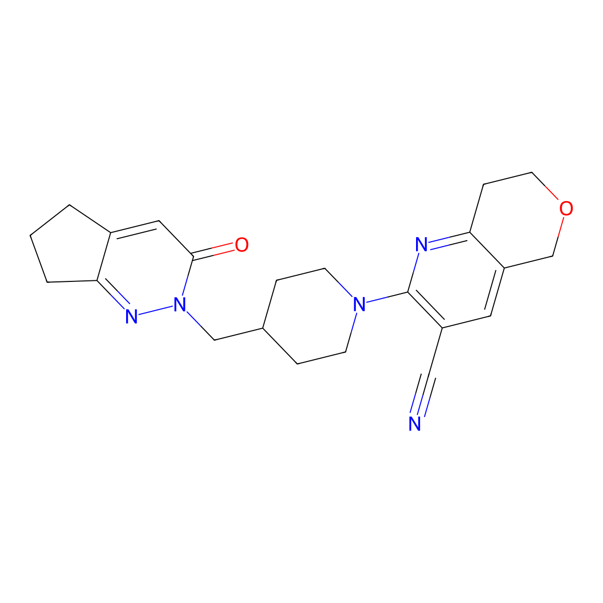 2-[4-({3-oxo-2H,3H,5H,6H,7H-cyclopenta[c]pyridazin-2-yl}methyl)piperidin-1-yl]-5H,7H,8H-pyrano[4,3-b]pyridine-3-carbonitrile molecular structure, CAS 2200859-82-9