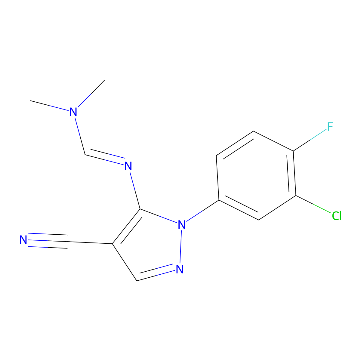 N'-[1-(3-chloro-4-fluorophenyl)-4-cyanopyrazol-5-yl]-N,N-dimethylmethanimidamide molecular structure, CAS 220088-42-6