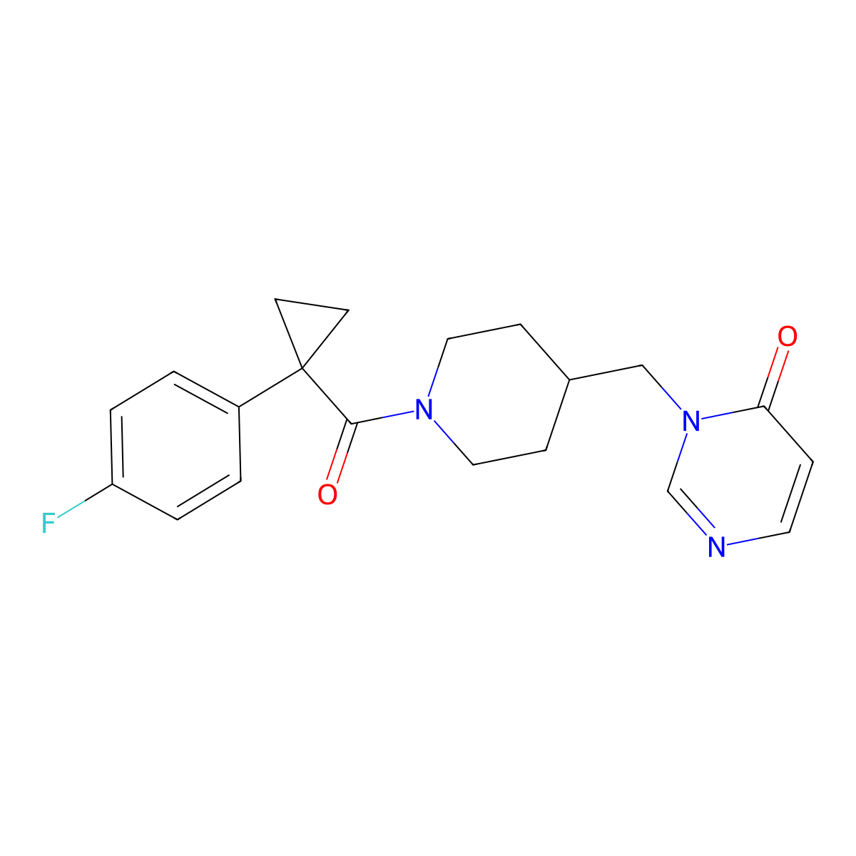 3-({1-[1-(4-Fluorophenyl)cyclopropanecarbonyl]piperidin-4-yl}methyl)-3,4-dihydropyrimidin-4-one molecular structure, CAS 2201013-22-9