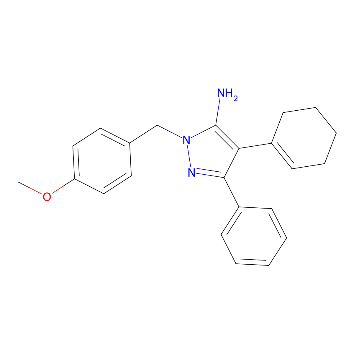4-(1-Cyclohexen-1-yl)-1-[(4-methoxyphenyl)methyl]-3-phenyl-1H-pyrazol-5-amine molecular structure, CAS 2201058-77-5