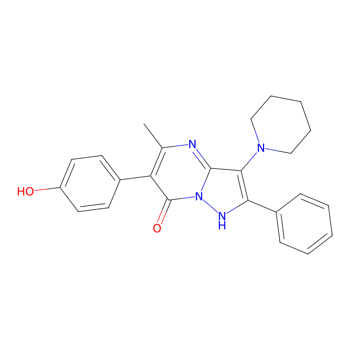 6-(4-hydroxyphenyl)-5-methyl-2-phenyl-3-(piperidin-1-yl)pyrazolo[1,5-a]pyrimidin-7(4H)-one molecular structure, CAS 2201066-53-5