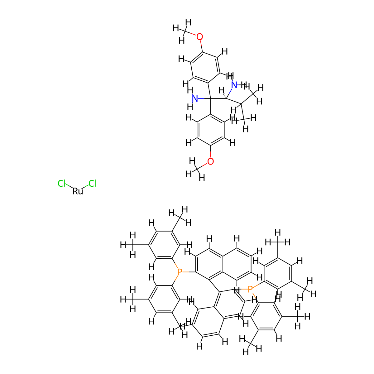 Dichloro((S)-(-)-2,2'-bis(di(3,5-xylyl)phosphino)-1,1'-binaphthyl)((2S)-(+)-1,1-bis(4-methoxyphenyl)-3-methyl-1,2-butanediamine)ruthenium(II) molecular structure, CAS 220114-01-2