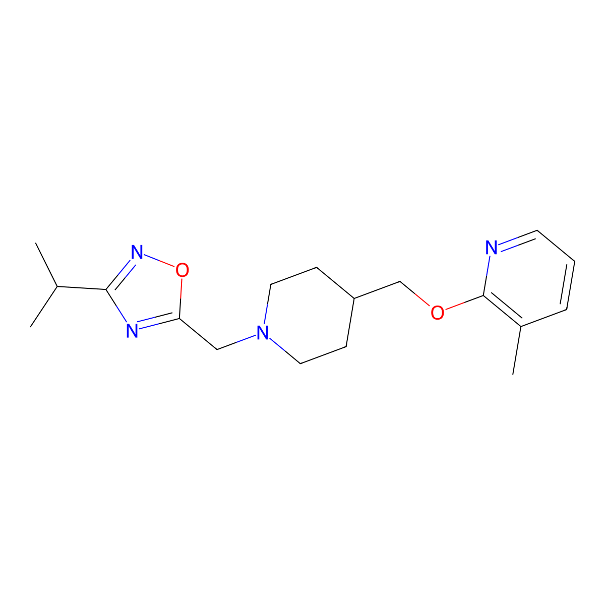 3-Methyl-2-[(1-{[3-(propan-2-yl)-1,2,4-oxadiazol-5-yl]methyl}piperidin-4-yl)methoxy]pyridine molecular structure, CAS 2201170-88-7