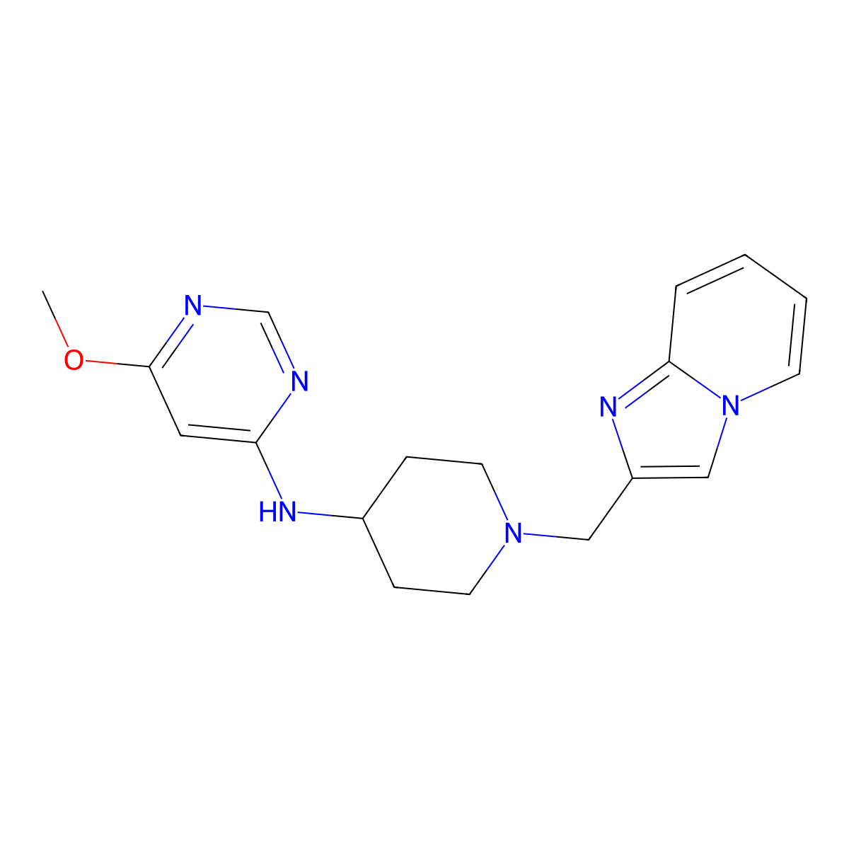N-[1-({imidazo[1,2-a]pyridin-2-yl}methyl)piperidin-4-yl]-6-methoxypyrimidin-4-amine molecular structure, CAS 2201175-02-0